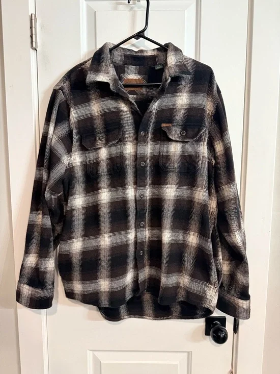 Orvis Heavyweight Plaid Shirt Jacket Brown Black Flannel Mens Large - Picture 2 of 5
